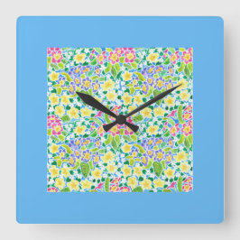 Primroses Square Wall Clock, Turquise Gräns Fyrkantig Klocka