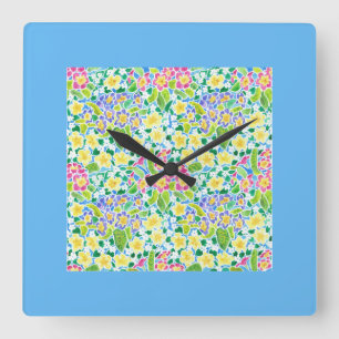 Primroses Square Wall Clock, Turquise Gräns Fyrkantig Klocka