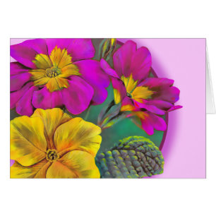 Primula Prirose rosa gult vår art-kort Hälsningskort