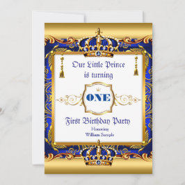 Prince 1st Birthday Blue Ornate Guld Inbjudningar