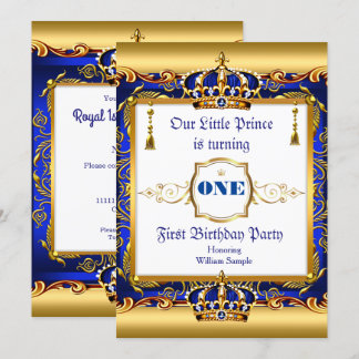 Prince 1st Birthday Blue Ornate Guld Inbjudningar