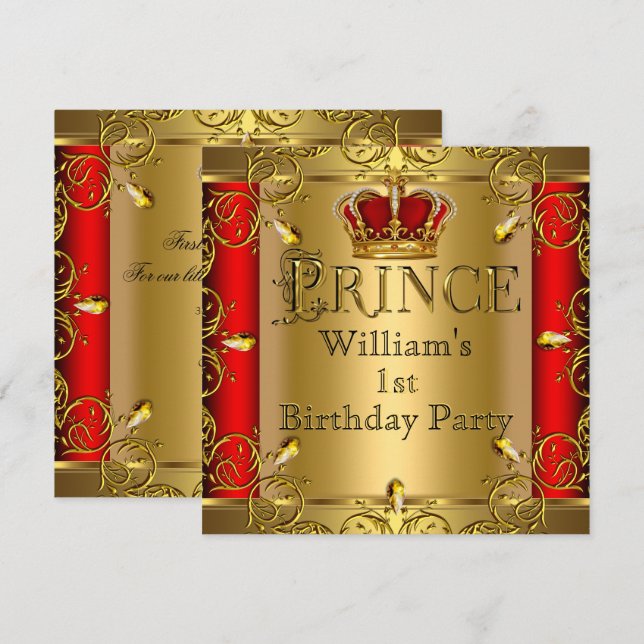 Prince 1st Birthday Boy Red Guld Krona 2 Inbjudningar (Fram/baksida)