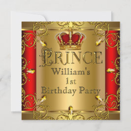 Prince 1st Birthday Boy Red Guld Krona 2 Inbjudningar