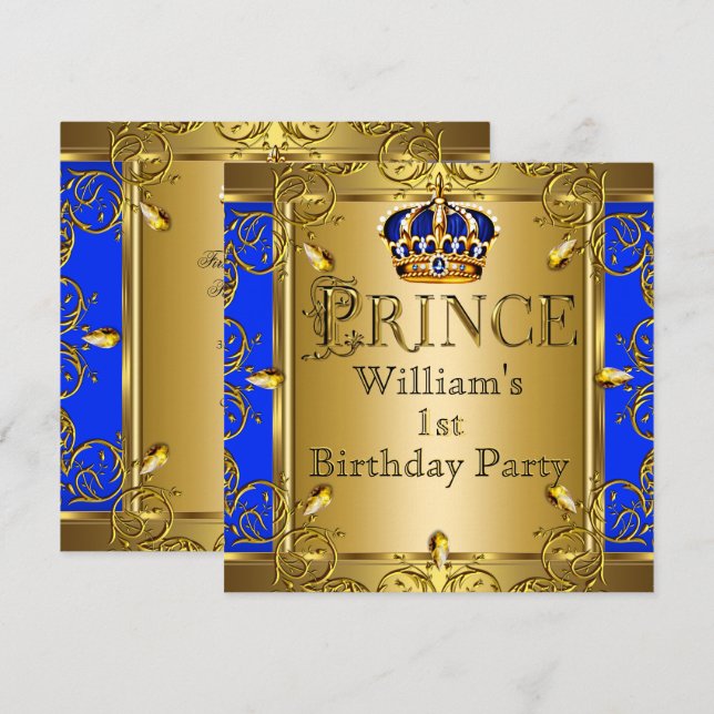 Prince 1st Birthday Boy Royal Blue Guld Krona 2 Inbjudningar (Fram/baksida)