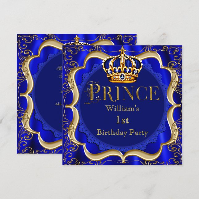 Prince 1st Birthday Boy Royal Blue Guld Krona A Inbjudningar (Fram/baksida)