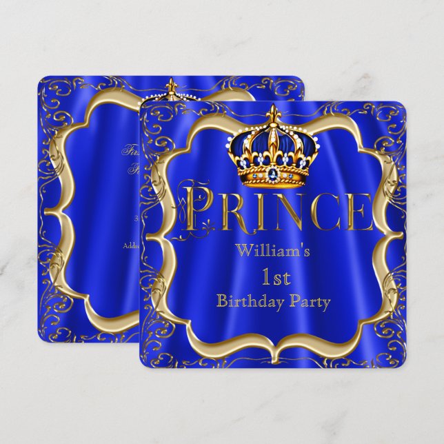 Prince 1st Birthday Boy Royal Blue Guld Krona B Inbjudningar (Fram/baksida)