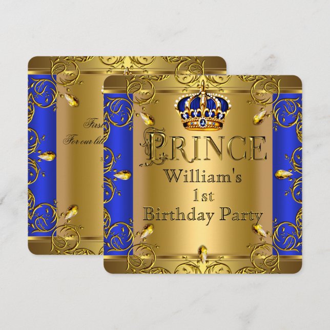 Prince 1st Birthday Boy Royal Blue Guld Krona Inbjudningar (Fram/baksida)