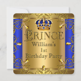 Prince 1st Birthday Boy Royal Blue Guld Krona Inbjudningar