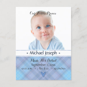 Prince Baby blue Boy Play Birth Announcement Meddelande Vykort