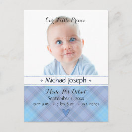 Prince Baby blue Boy Play Birth Announcement Meddelande Vykort