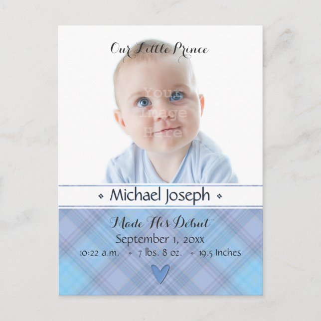 Prince Baby blue Boy Play Birth Announcement Meddelande Vykort (Framsida)