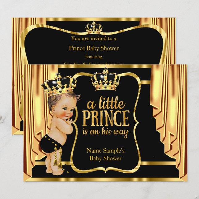 Prince Baby Shower Black Guld Drapes Brunette Inbjudningar (Fram/baksida)