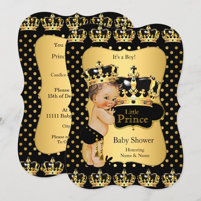 Prince Baby Shower Black Guld Polka Dot Brunette Inbjudningar (Fram/baksida)