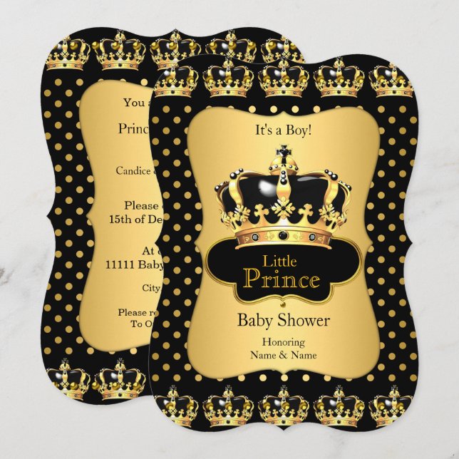 Prince Baby Shower Black Guld Polka Dot Inbjudningar (Fram/baksida)
