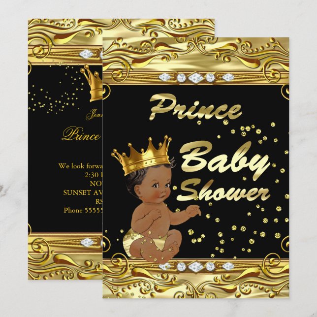 Prince Baby Shower Black Guld Sprinkle Ethnic Inbjudningar (Fram/baksida)