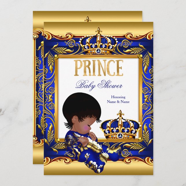 Prince Baby Shower Blue Guld African American Foil Inbjudningar (Fram/baksida)