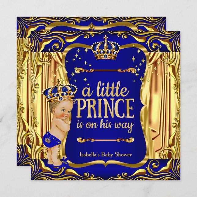 Prince Baby Shower Blue Guld Blonde Inbjudan (Fram/baksida)