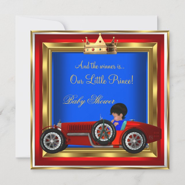 Prince Baby Shower Blue Guld Boy Red Tävla Car 2 Inbjudningar (Framsida)