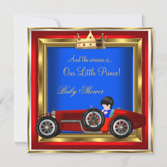 Prince Baby Shower Blue Guld Boy Red Tävla Car 2 Inbjudningar (Framsida)