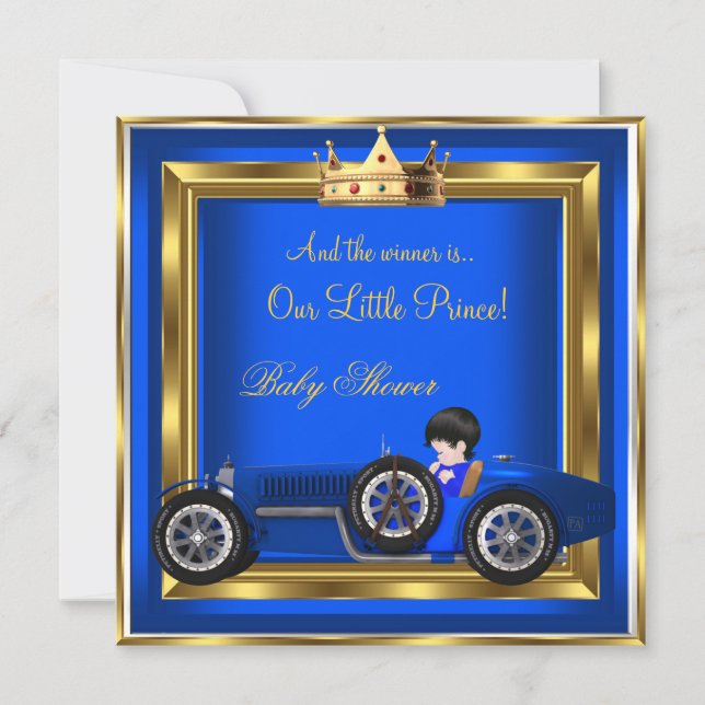Prince Baby Shower Blue Guld Boy Tävla Car Inbjudningar (Framsida)