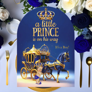 Prince Baby Shower Blue Guld Carriage Inbjudningar
