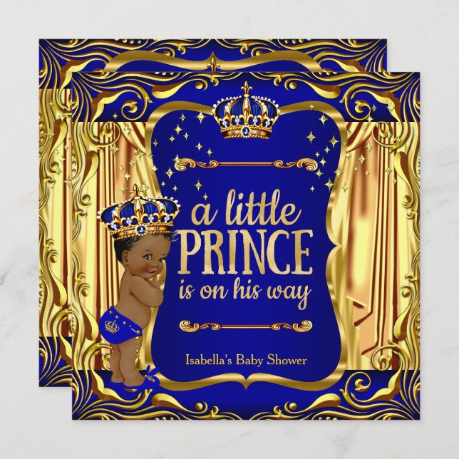 Prince Baby Shower Blue Guld Ethnic Boy Inbjudan (Fram/baksida)