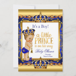 Prince Baby Shower Blue Ornate Guld Blonde Boy Inbjudningar