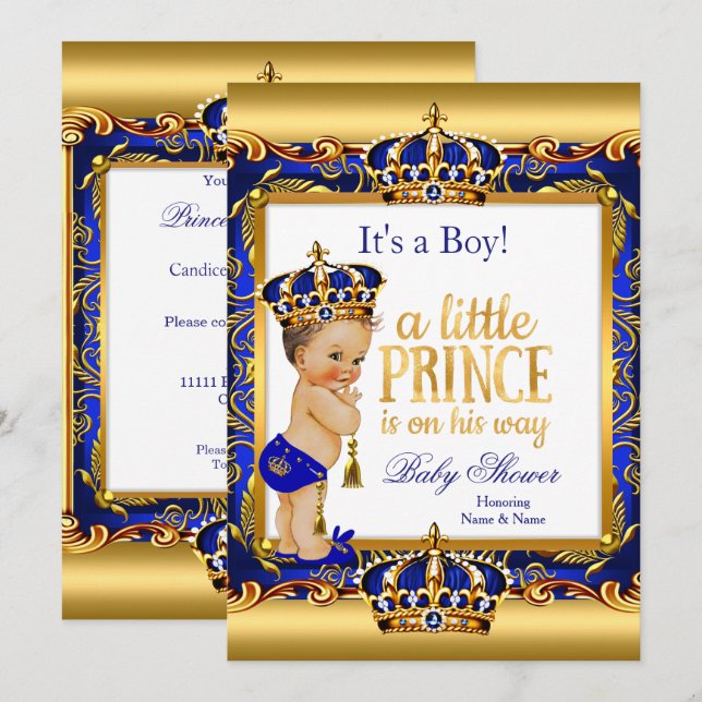 Prince Baby Shower Blue Ornate Guld Brunette Boy Inbjudningar (Fram/baksida)