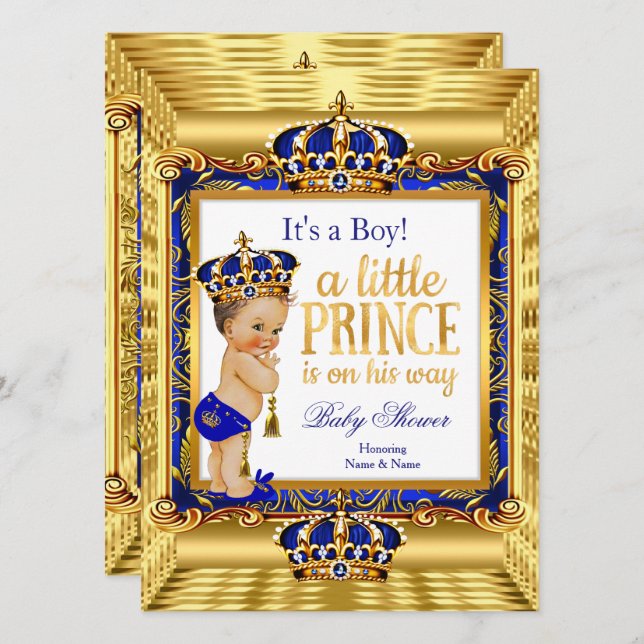Prince Baby Shower Blue Ornate Guld krona Inbjudningar (Fram/baksida)