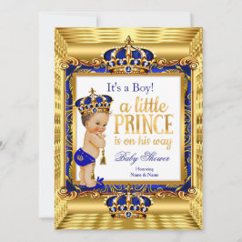 Prince Baby Shower Blue Ornate Guld krona Inbjudningar