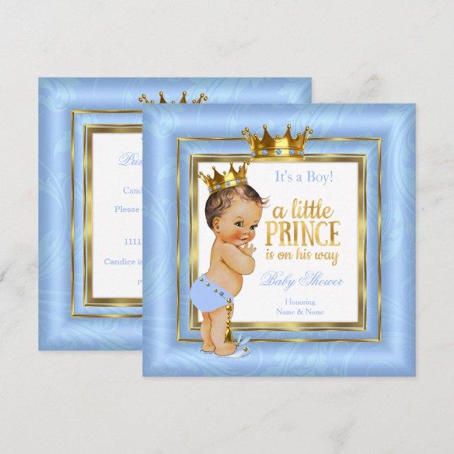 Prince Baby Shower Blue White Guld Krona Brunette Inbjudningar (Fram/baksida)