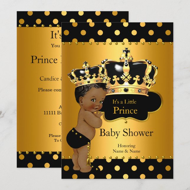 Prince Baby Shower Boy Black Guld Ethnic Inbjudningar (Fram/baksida)