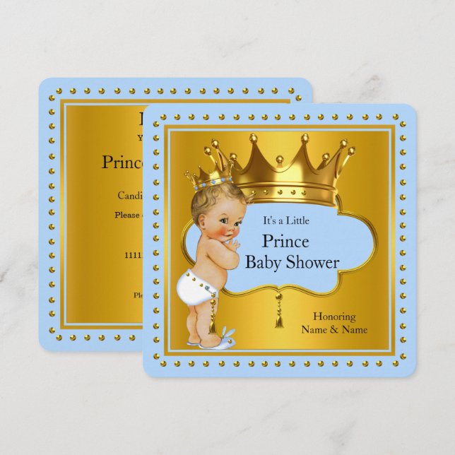 Prince Baby Shower Boy Blue Guld Krona Blonde Inbjudningar (Fram/baksida)