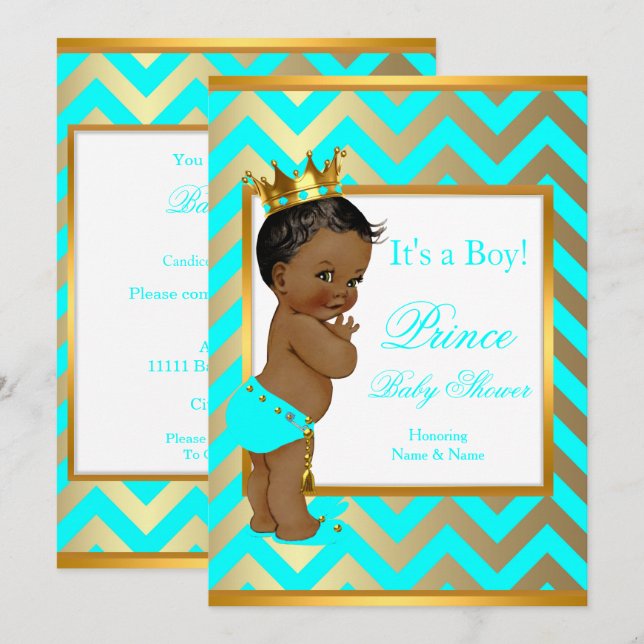 Prince Baby Shower Boy Guld Teal Blue Ethnic Inbjudningar (Fram/baksida)