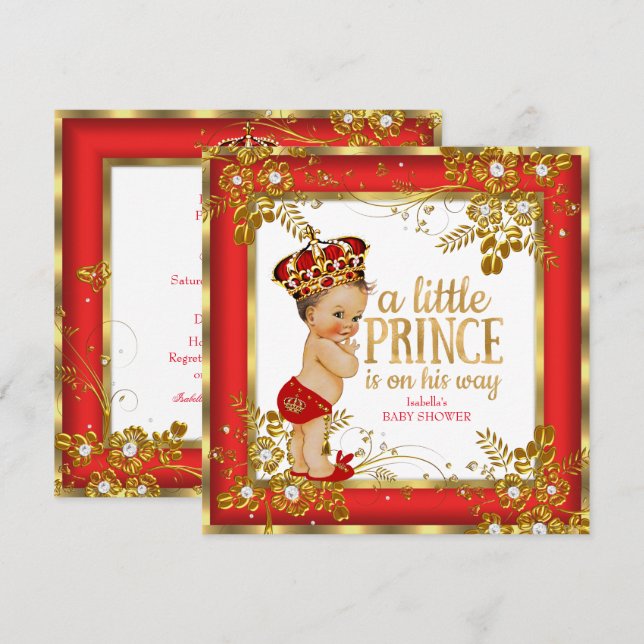 Prince Baby Shower Boy Red Guld White Brunette Inbjudningar (Fram/baksida)