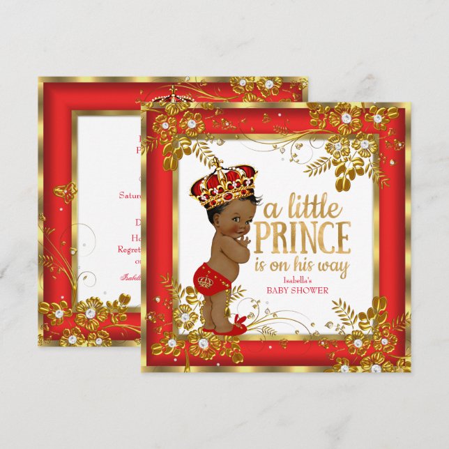 Prince Baby Shower Boy Red Guld White Ethnic Inbjudningar (Fram/baksida)