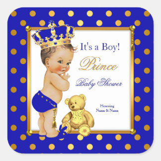 Prince Baby Shower Boy Royal Blue Guld Brunette Fyrkantigt Klistermärke