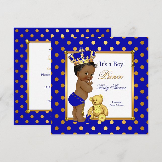 Prince Baby Shower Boy Royal Blue Guld Ethnic Inbjudningar (Fram/baksida)