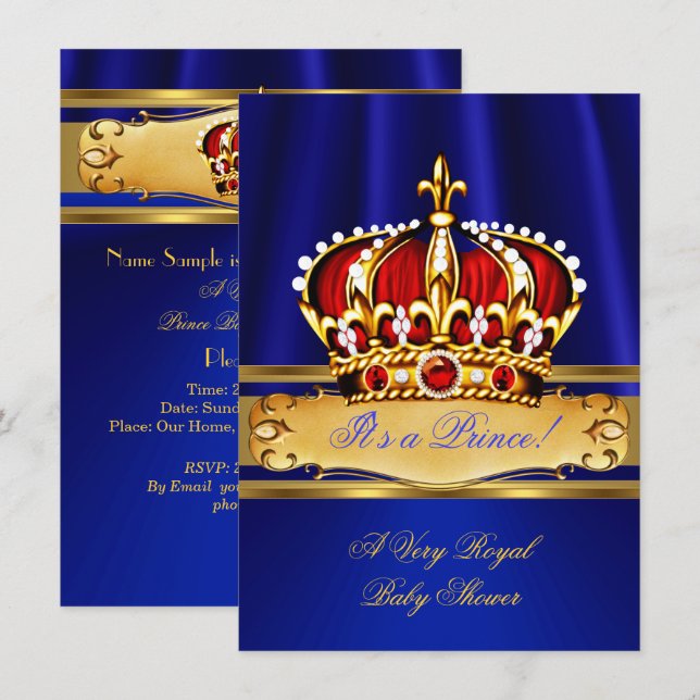 Prince Baby Shower Boy Royal Blue Guld Red Krona Inbjudningar (Fram/baksida)