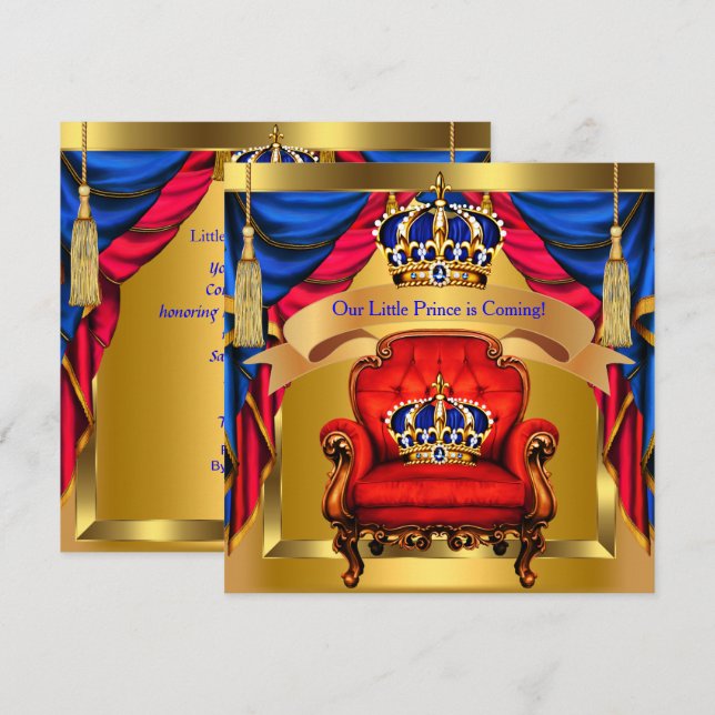 Prince Baby Shower Boy Royal Blue Red Guld Inbjudningar (Fram/baksida)