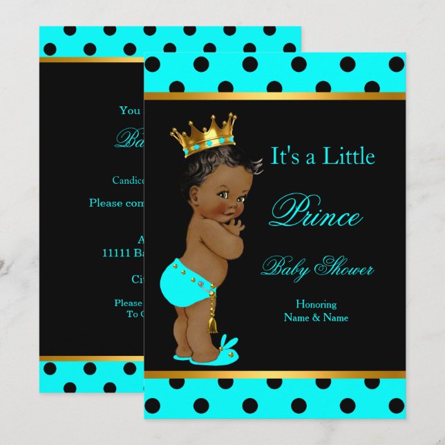 Prince Baby Shower Boy Teal Black Ethnic Inbjudningar (Fram/baksida)