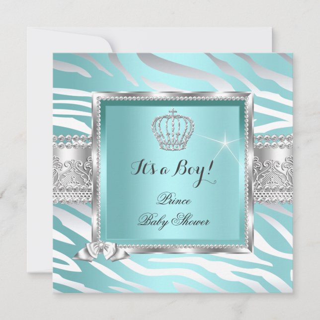 Prince Baby Shower Boy Teal Blue Mint Zebra Inbjudningar (Framsida)