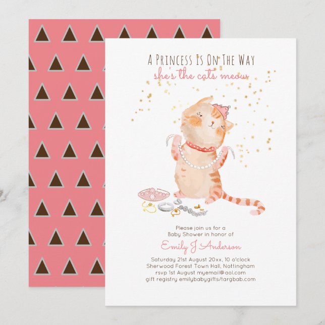 Prince Baby Shower Cats Kitten Girls Rosa Cute Inbjudningar (Fram/baksida)
