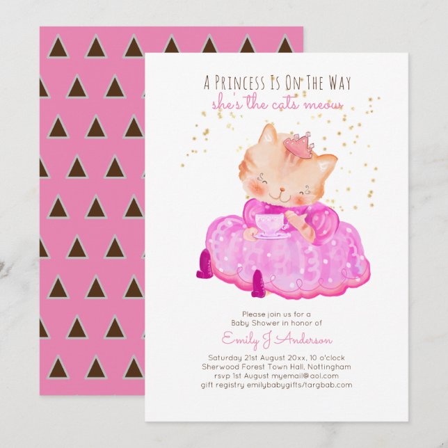 Prince Baby Shower Cats Kitten Girls Rosa Cute Inbjudningar (Fram/baksida)