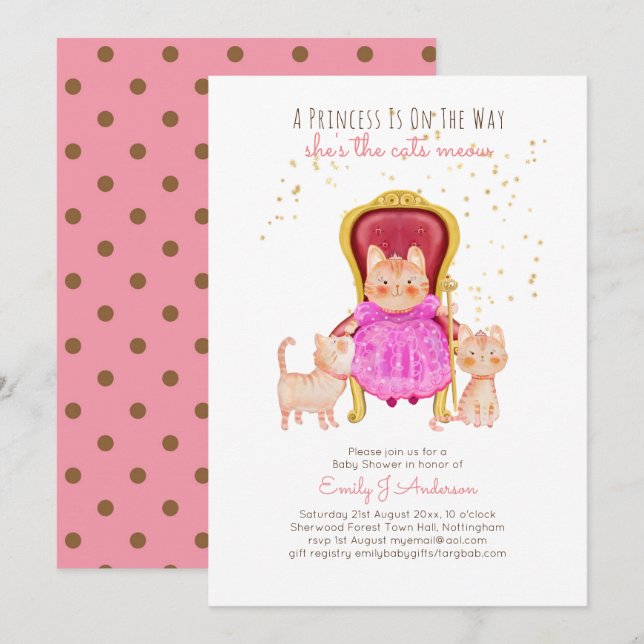 Prince Baby Shower Cats Kitten Girls Rosa Cute Inbjudningar (Fram/baksida)