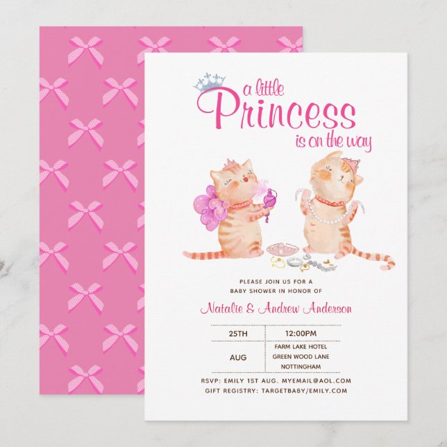 Prince Baby Shower Cats Kitten Girls Rosa Cute Inbjudningar (Fram/baksida)