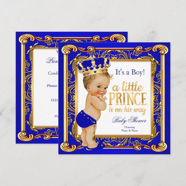 Prince Baby Shower Damask Blue Guld Blonde Boy Inbjudningar (Fram/baksida)
