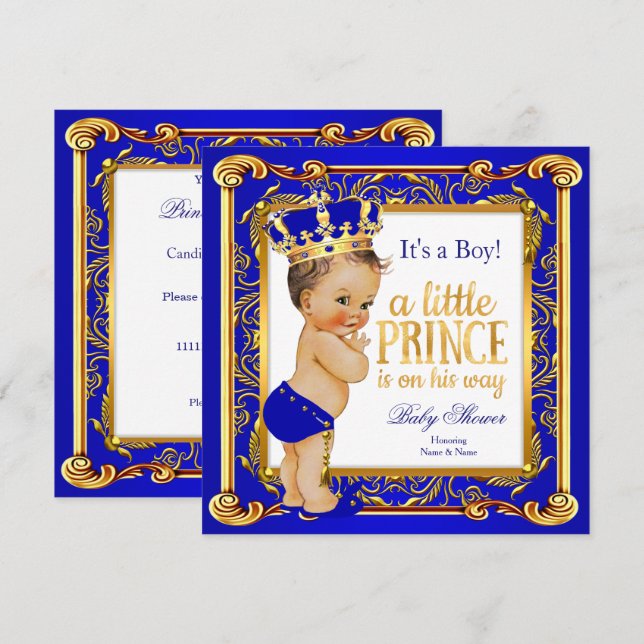 Prince Baby Shower Damask Blue Guld Brunette Inbjudningar (Fram/baksida)