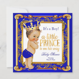Prince Baby Shower Damask Blue Guld Brunette Inbjudningar