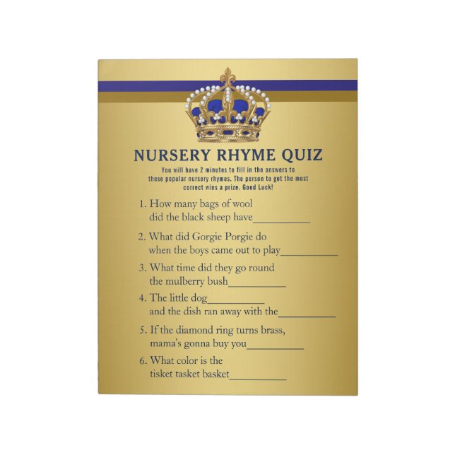 Prince Baby Shower Games Prince Nursery Rhyme Quiz Anteckningsblock (Roterad)